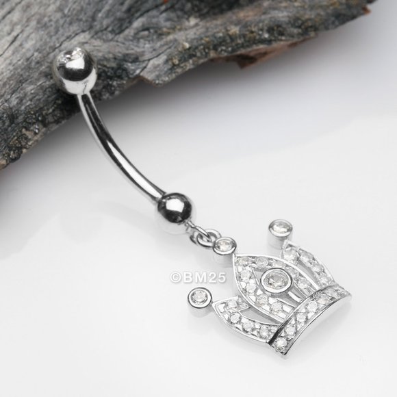 14 Karat White Gold Majestic Crown Sparkle Dangle Belly Button Ring